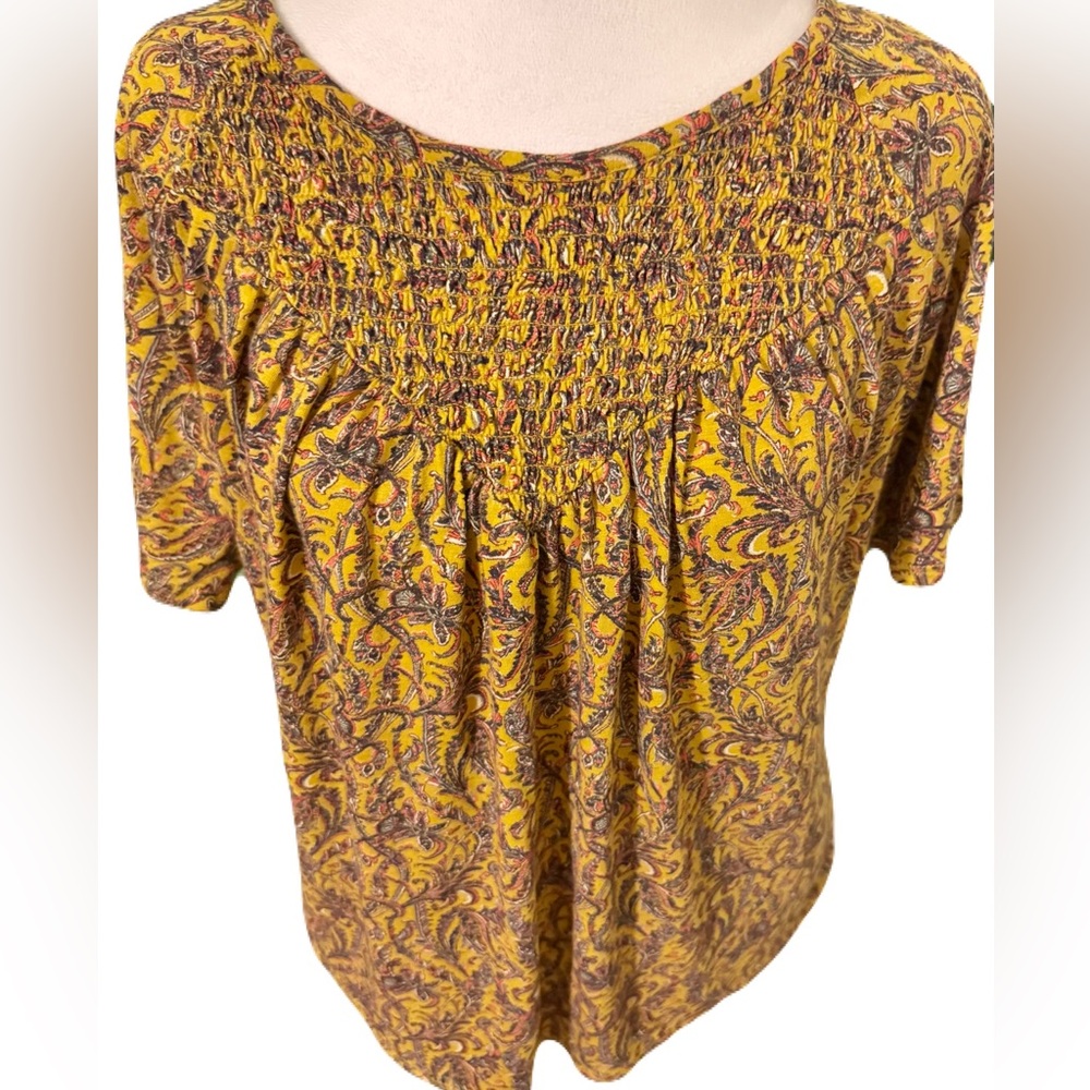 Lucky Brand Smocked Paisley Top Size S/P Mustard Yellow Boho Cotton Modal Blouse - Picture 2 of 10